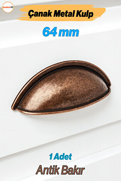 Badem10 Midye Kulp 64 mm Antik Bakır Metal Mobilya Çekmece Dolap Kapak Çanak Kulpu Mutfak Kulpları