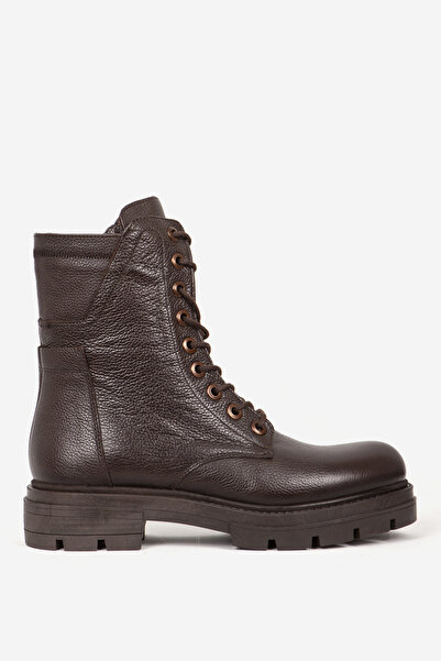 Dericlub Women's Lace-Up Thick Sole Zippered Casual Boots Genuine Leather Br 66286 Brown