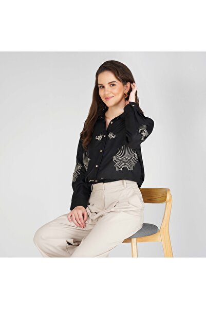 LINELLE قميص نسائي من الكريب الناعم - ياقة دائرية وأكمام طويلة وتفاصيل تطريز