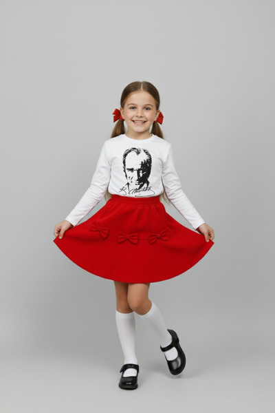 FATELLA Girl's White Long Sleeve Ataturk T-Shirt with Red Bow Skirt October 2...