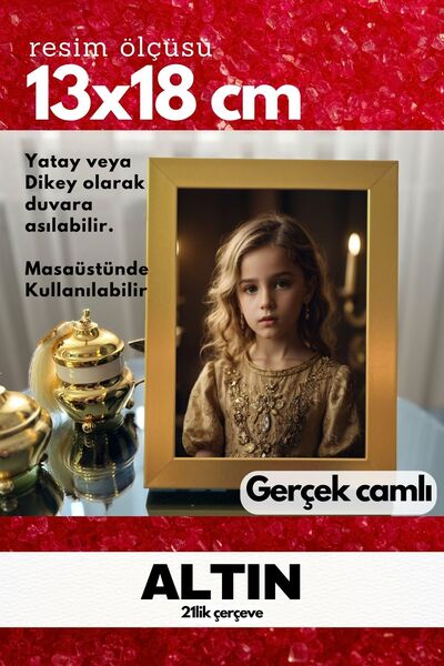 AtlasSG GERÇEK CAMLI 21lik düz 13 x 18 Altın Fotoğraf Resim Çerçevesi Ayaklı arkalık veya Duvara Asma