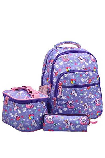 KY Kız İlkokul Ortopedik Koala 3'lü Çanta Seti 4 Bölmeli Suluklu Gözlü Beslen...