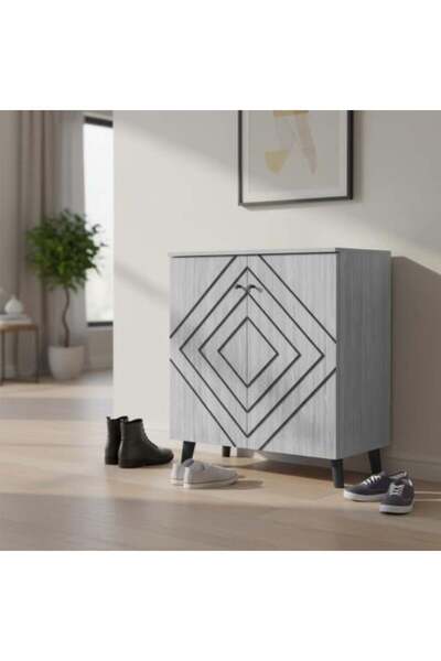 BAITY 2 Wooden Malaysian Shoe Cabinet with 2 Doors and 4 Shelves - Gray