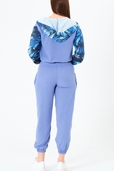 Qlees Fashion Γυναικείο λινό σετ αθλητικής φόρμας με φερμουάρ και κουκούλα Αθλητικό κομψό καθημερινό άνετο μπλε σετ