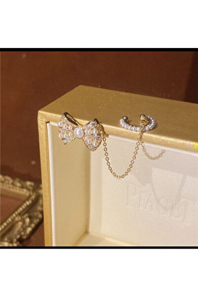 Shiklik أقراط لامعة على شكل فيونكة من اللؤلؤ المرصع بالأحجار للنساء من جانب واحد