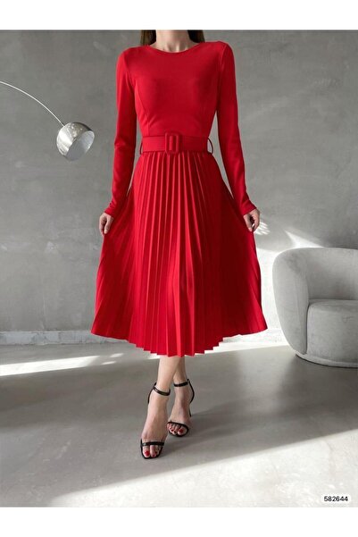 Modafeminen Pleated Belted Midi Length Evening Dress 582644 Red