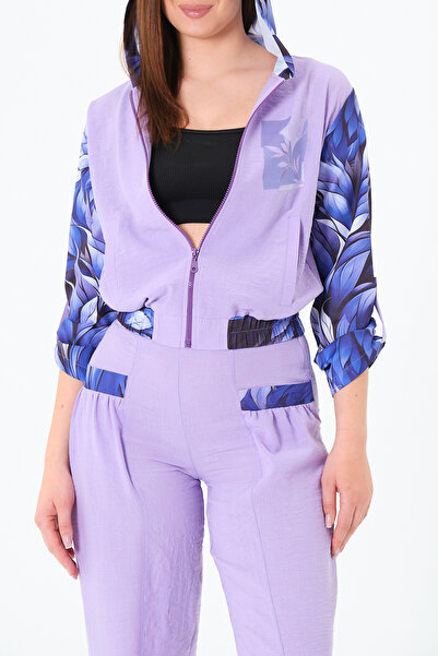 Qlees Fashion Γυναικείο λινό σετ αθλητικής φόρμας με φερμουάρ και κουκούλα Αθλητικό κομψό καθημερινό άνετο μωβ σετ