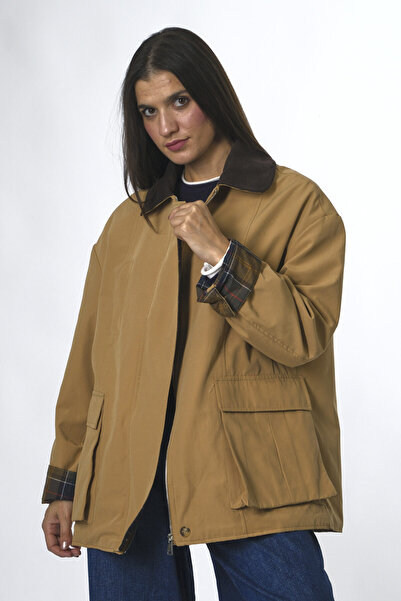 ABBRA Kadın Kadife Yakalı Ekose Astarlı Trenç