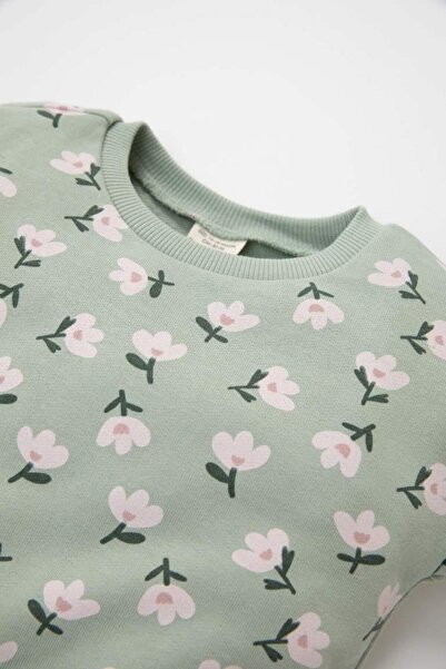 DeFacto Kız Bebek 2'li Takım Çiçekli Bisiklet Yaka Sweatshirt Beli Lastikli İspanyol Paça Tayt (24 AU)