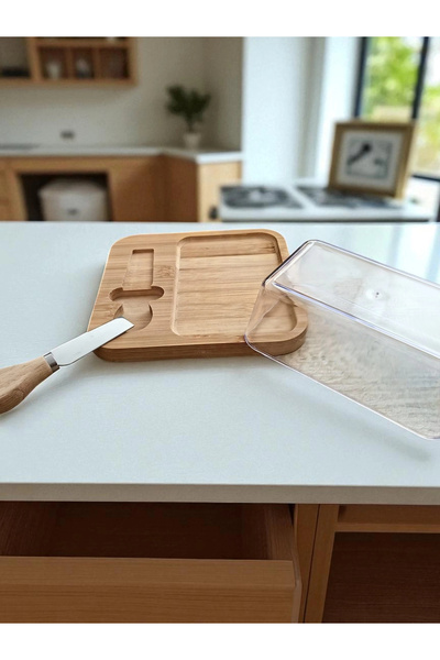 MyBru Doğal Bambu Bıçaklı Peynir ve Tereyağ Servis Sunum Tabağı Plastik Kapaklı Set 3 Parça 18x18 Cm