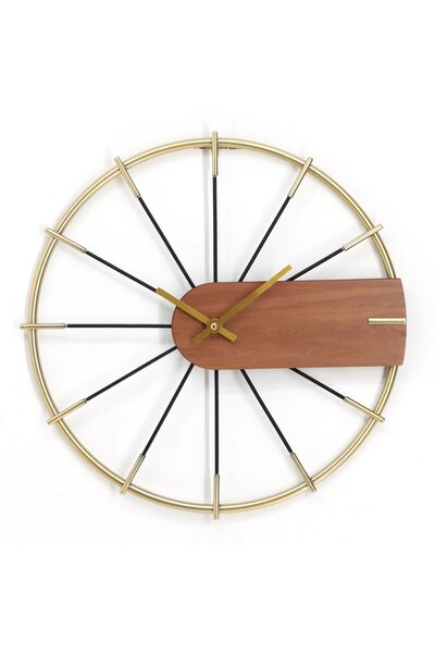 Others Wall Clock GHC100397, Analog, Round, Metal + MDF, Gold + Brown, 40 cm