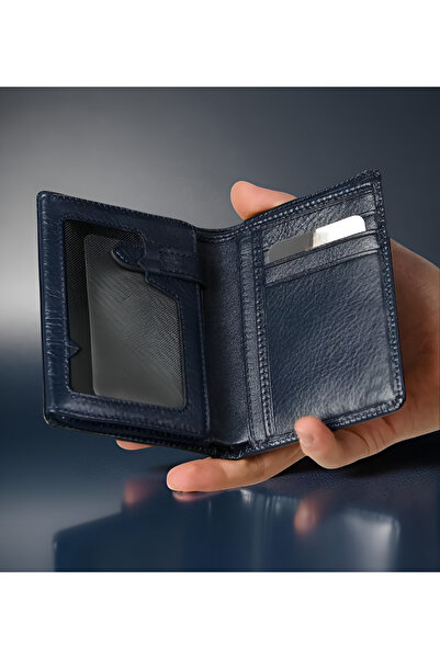 MODA Hakiki Deri Lacivert Erkek Cüzdan – 9 Kart Yuvalı, Şeffaf Gözlü, Gizli B...