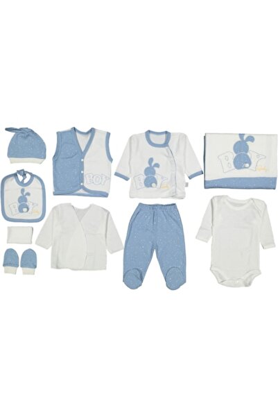 Miniworld Compleu nou-nascuti baieti10 piese, bumbac 100%, Baby Boy, model cu iepurasi, 0-3 luni