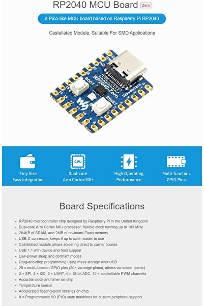 WaveShare RP2040-Zero لوحة MCU منخفضة التكلفة وعالية الأداء تشبه Pico، تعتمد على Raspberry Pi Microcon