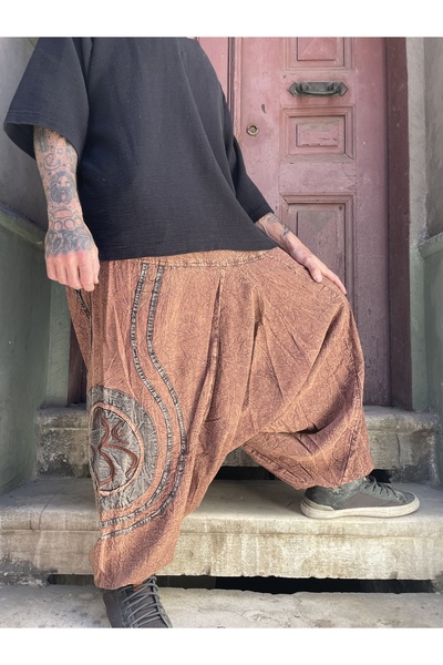 Bohoyasam Unisex Bohem Nepal Şalvar Pantolon – Salaş Taşlanmış Kumaş, Aum Desenli, Bol Pantolon