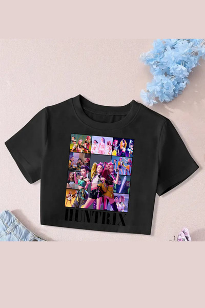 MECH BUTİK K-Pop Demon Hunters Huntrix Baskılı Crop Crop-Top Slim Fit Kalıptır
