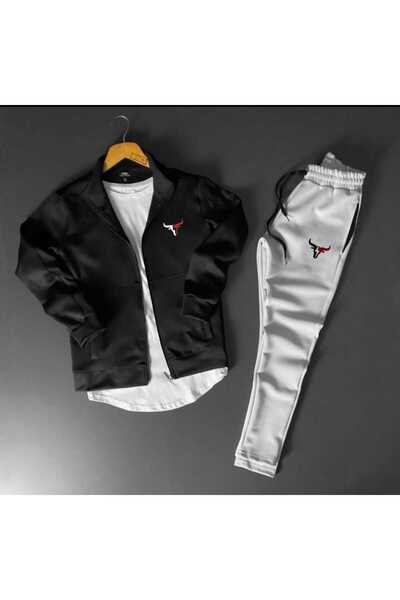 ByFourMan Унісекс-комплект із сіро-чорного скуба з принтом бика, на блискавці та з високим коміром