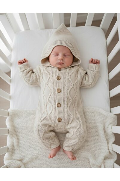 voyyo kids baby Hooded Buttoned Winter Knit Jumpsuit, 3-6-9-12 Months Knit Jumpsuit