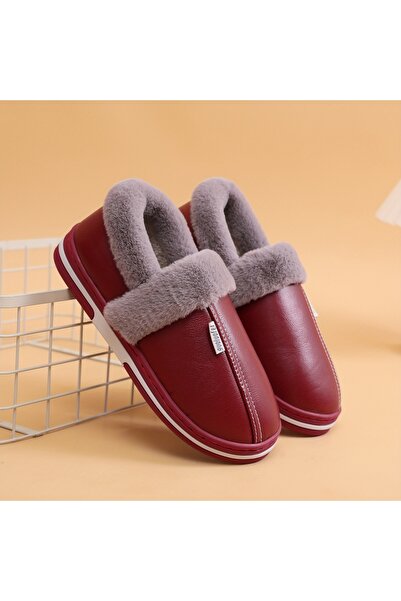 AyShop Kadın Pu Deri Sıcak Tutan İçi Polarlı Kaymaz Taban Ev Terliği Panduf
