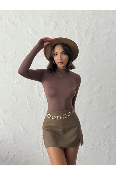 MELA ROSSA Γυναικεία καφέ μπλούζα με ψηλό γιακά από βισκόζη