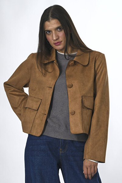 ABBRA Kadın Vegan Süet Kaplama Düğmeli Cepli Ceket