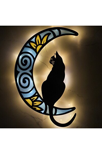 Lucenda Epoksili Ahşap Aydaki Kedi Figürlü Tablo Dekoratif Duvar Dekorlu Gece...