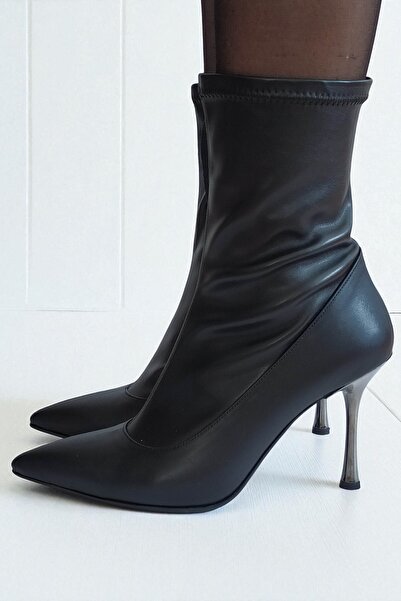 ERS Air Comfort Siyah Hakiki Deri Kadın Streç Bilekte Bot 9 cm İnce Metal Top...