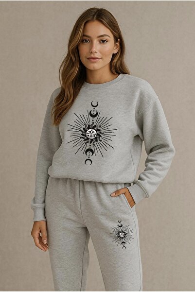 FUFLUNS طقم بدلة رياضية برقبة دائرية كبيرة الحجم للجنسين مطبوعة بالشمس