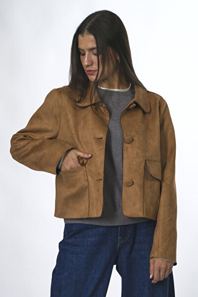 ABBRA Kadın Vegan Süet Kaplama Düğmeli Cepli Ceket