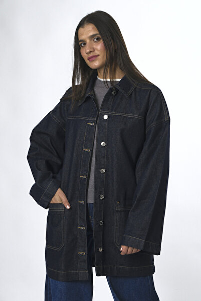 ABBRA Γυναικείο μακρύ τζιν μπουφάν με ζώνη από 100% βαμβάκι