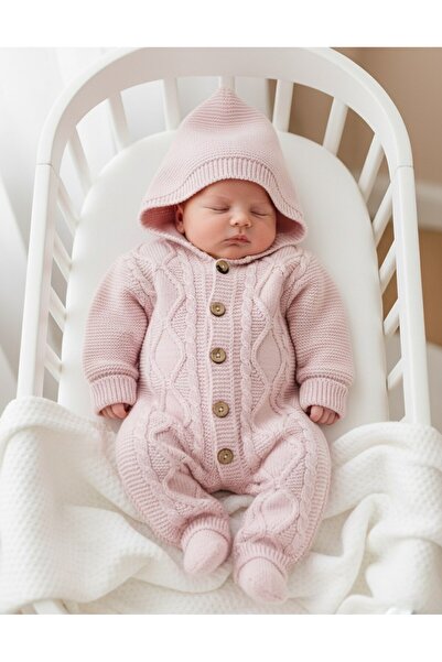voyyo kids baby Hooded Buttoned Winter Knit Jumpsuit, 3-6-9-12 Months Knit Jumpsuit