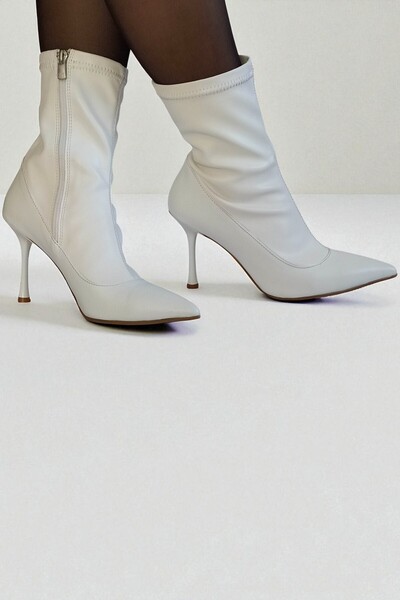 ERS Air Comfort White Genuine Leather Women's Stretch Ankle Boots 9cm Thin He...