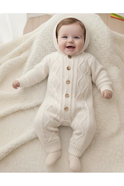 voyyo kids baby Hooded Buttoned Winter Knit Jumpsuit, 3-6-9-12 Months Knit Jumpsuit
