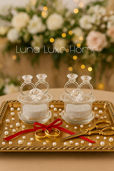 Luna Luxe Home İkili Şık Tektaş Yüzük Kapaklı Pırlanta Dolgulu Cam Yüzük Yüks...