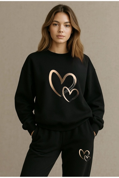 FUFLUNS Heart Printed Unisex Oversize Circle Neck Bottom/Upper Tracksuit Set