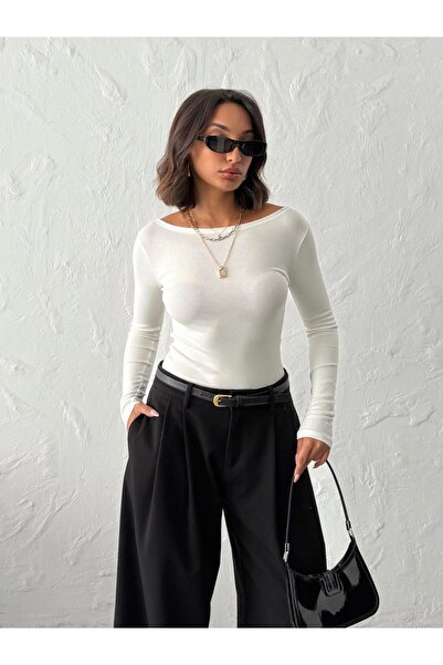 MELA ROSSA Women's Ecru Modal Ribbed Boat Neck Basic Blouse