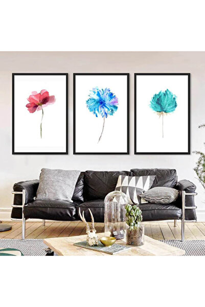 Linacci Triple Black Metal Frame Flowers Real Glass Painting Set