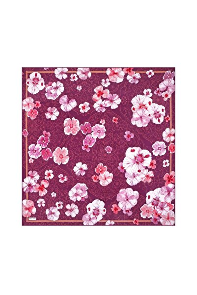 Bursa İpek Plum Poppy Pattern Double-Sided Twill Silk Scarf