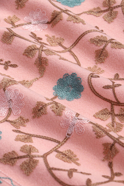 Bursa İpek Pembe Nakışlı Kışlık Şal