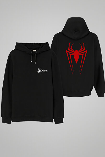 MODA Hanorac negru Spider Web cu imprimeu cu glugă Swea tricou