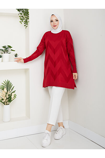 KMKkombin Women's Terry Fabric Sleeve Button Detail Self-Patterned Circular Neck Tunic