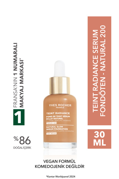 Yves Rocher Teint Radiance Cildi Pürüzsüzleştirici, Nemlendirici ve Işıltı Vegan Serum Fondöten Naturel 200