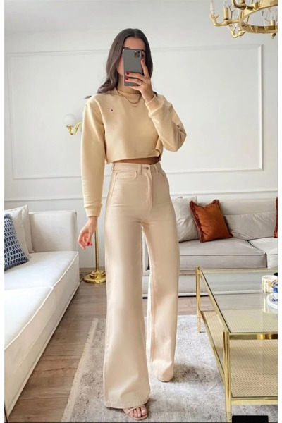 kleshus بنطلون جينز كريمي فضفاض من الليكرا بتصميم بالازو جديد-4