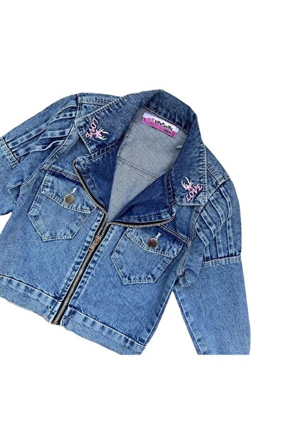 Miniworld Jacheta din denim fete cu aplicatii decorative si fermoar, Love, varsta 4 ani, 104 cm, Albastru