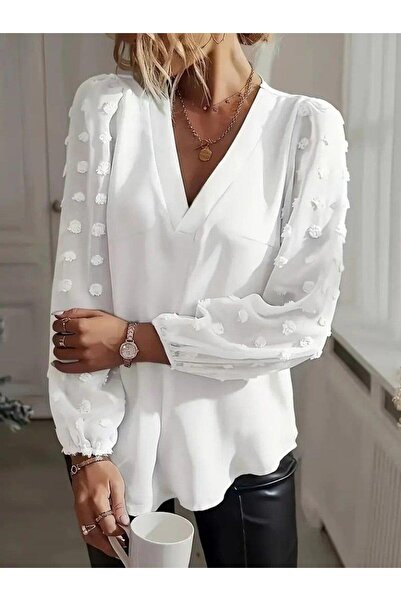 HAZEGO Bluză Sandy pentru femei, cu mâneci lungi, cu decolteu în V, cu mâneci...