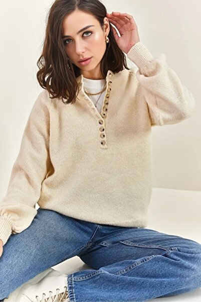 KURGAN TEKSTİL Γυναικείο πλεκτό πουλόβερ με λαιμόκοψη και μανίκια