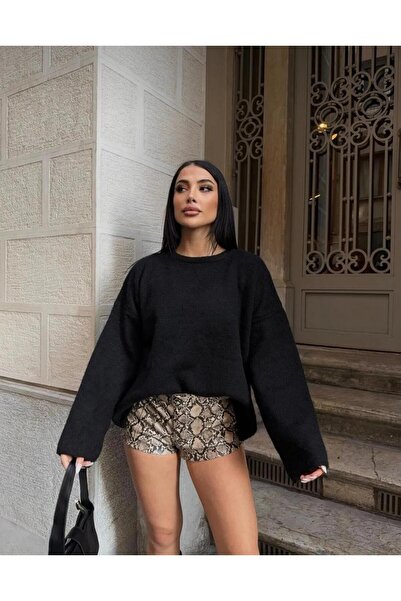 Gülce moda Siyah Bisiklet Yaka Oversize Triko Kazak