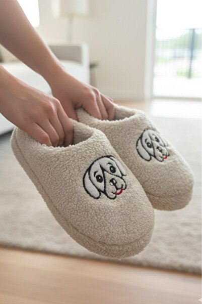 Oksit Ft 102 Dog Embroidered Women's House Slippers Plush Slippers Dowry and Bundle Slippers Do Not Make Noise Thick Sole