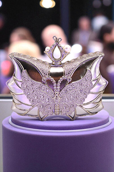 HFKY Women's Butterfly Detailed Silver Evening Dress Bag. Stone Embroidered Clutch Bag. Evening Bag.