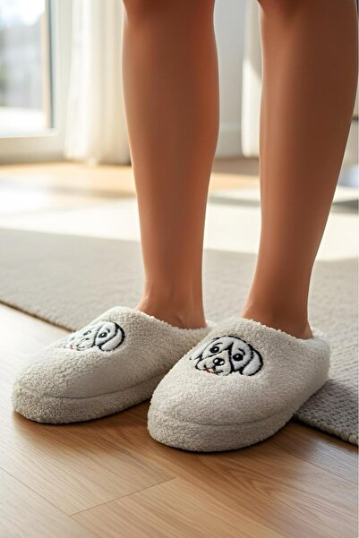 Oksit Ft 102 Dog Embroidered Women's House Slippers Plush Slippers Dowry and Bundle Slippers Do Not Make Noise Thick Sole